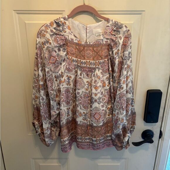 Anthropologie Neutral Floral Silk Long Sleeve Patterned Blouse - Picture 3 of 5